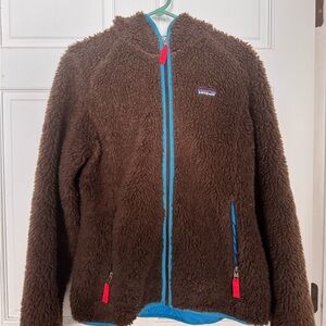 Patagonia Brown Fleece Jacket with Blue and Red Accents